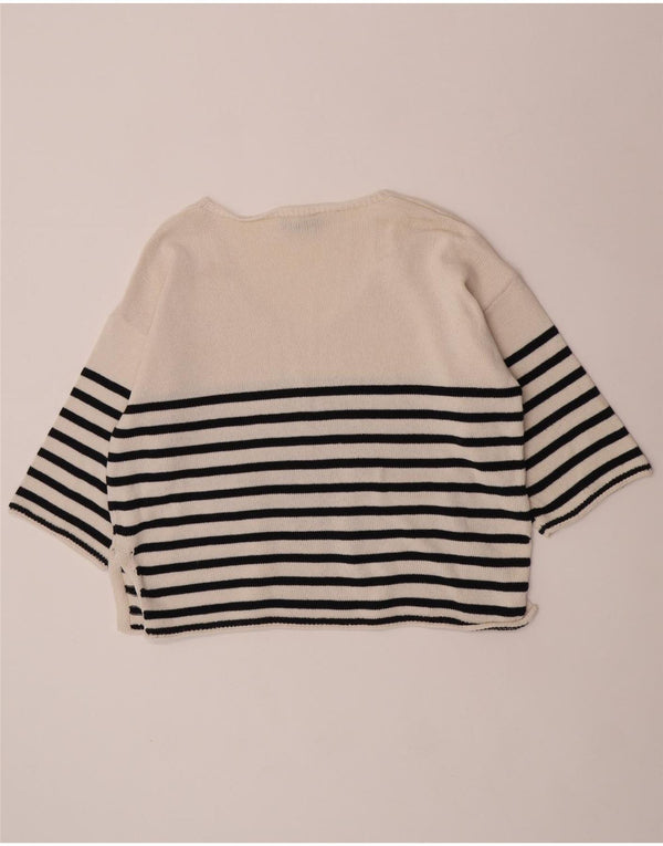 Zara Suéter feminino manga 3/4 com decote em V Reino Unido 6 XS listrado branco