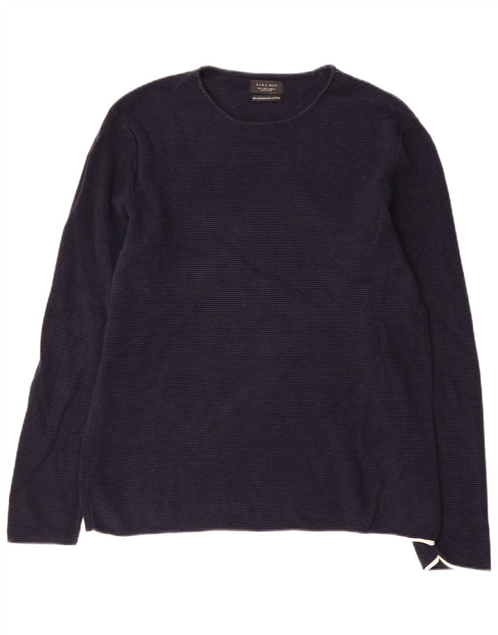 Zara Suéter masculino com gola redonda grande algodão azul marinho