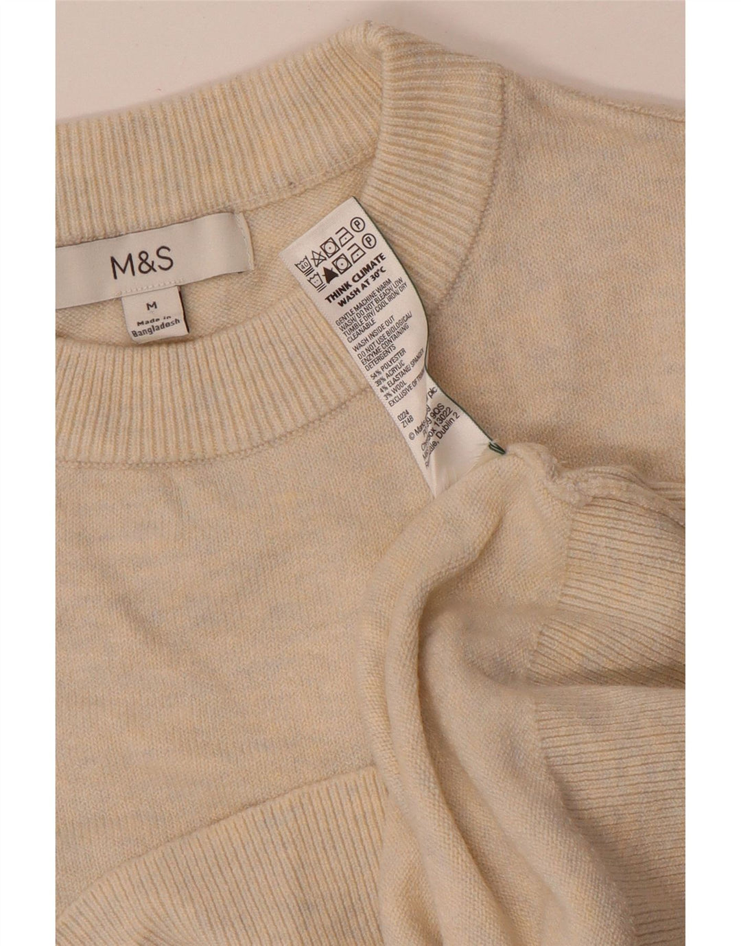 Suéter feminino Marks & Spencer com gola redonda Reino Unido 14 médio bege manchado
