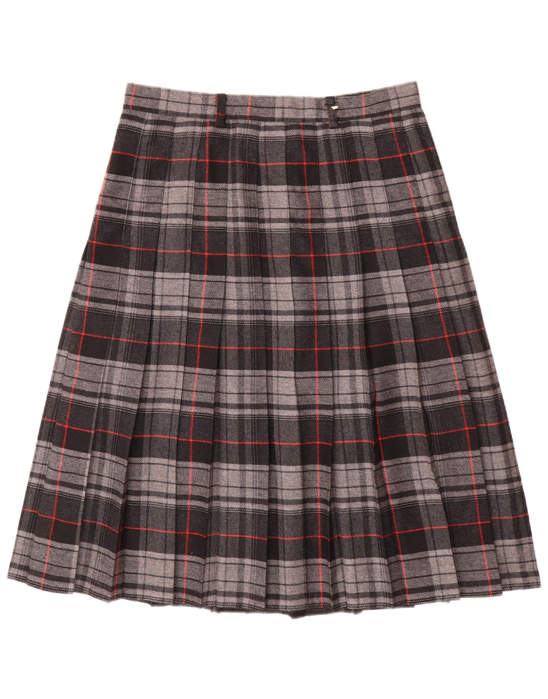 Saia plissada faca feminina vintage W30 poliéster xadrez cinza médio