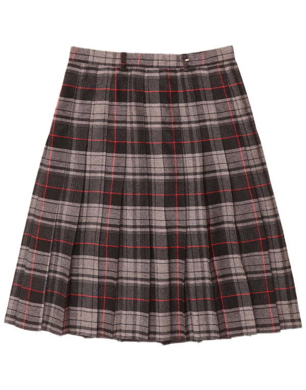 Saia plissada faca feminina vintage W30 poliéster xadrez cinza médio
