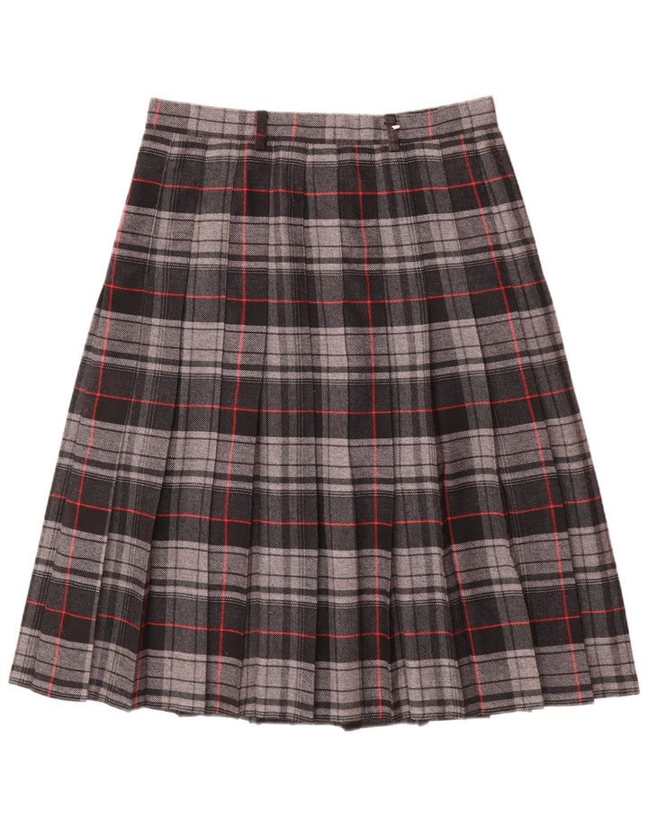 Saia plissada faca feminina vintage W30 poliéster xadrez cinza médio