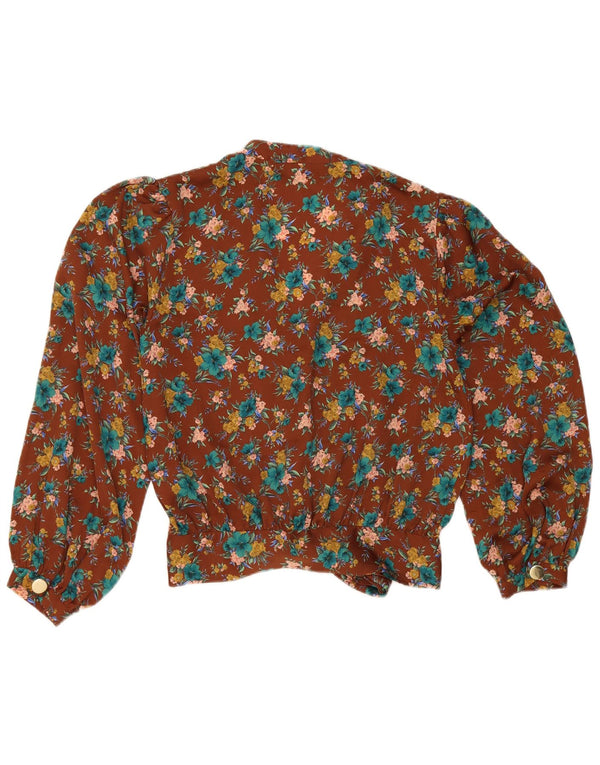 Blusa feminina Zara UK 10 pequena marrom floral poliéster