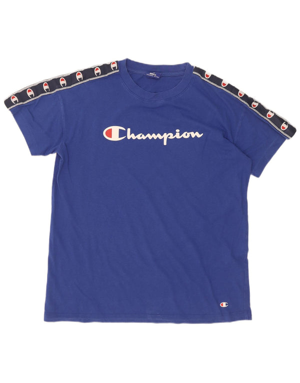 Camiseta masculina com estampa gráfica Champion pequeno algodão colorblock azul