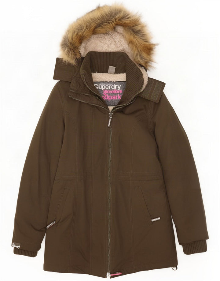Jaqueta Parka feminina Superdry com capuz Reino Unido 14 poliéster cáqui médio