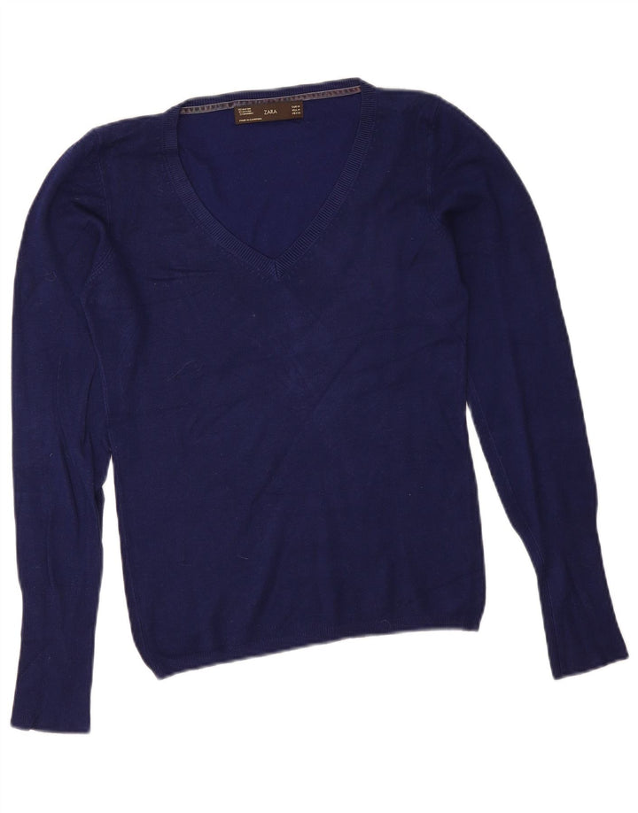 Suéter feminino Zara com decote em V Reino Unido 12 médio azul marinho rayon