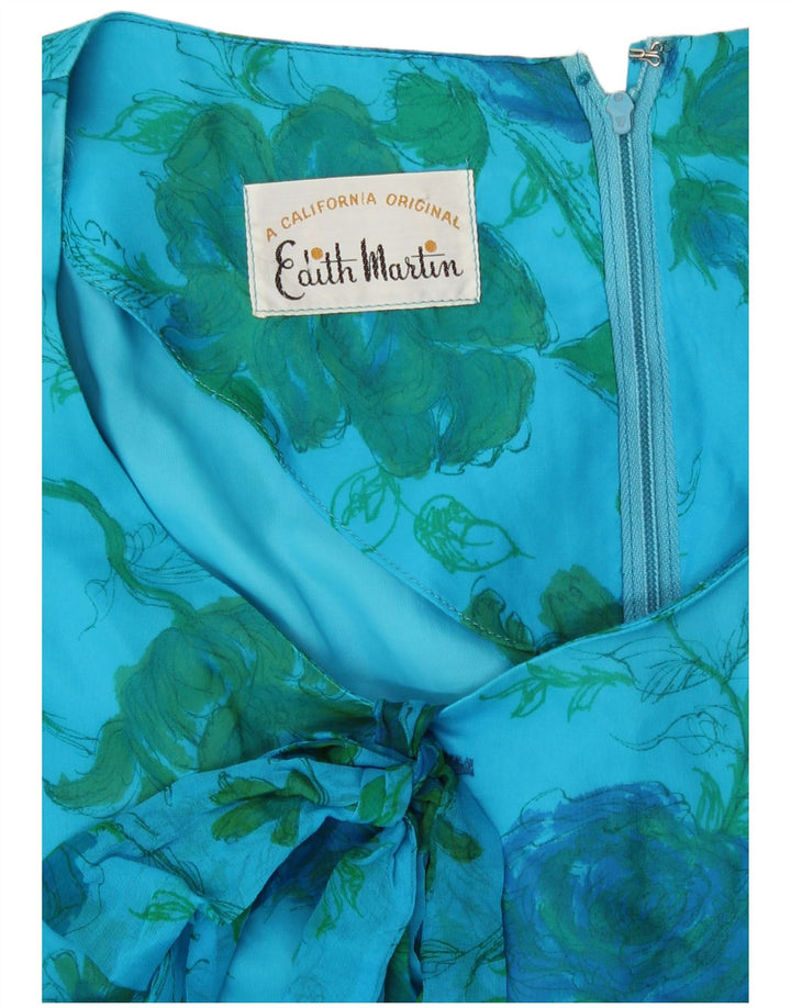 Vestido feminino vintage manga 3/4 UK 10 pequeno azul floral