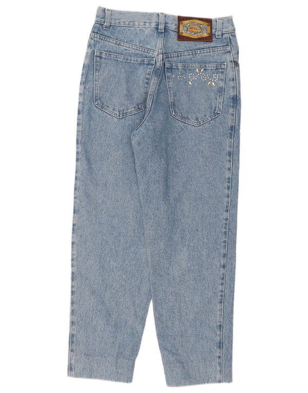 Jeans recortados cônicos femininos vintage W28 L25 azul manchado