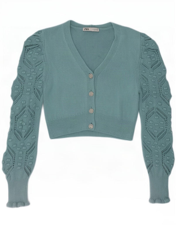 Zara Suéter Cardigan Crop Feminino Reino Unido 12 Médio Turquesa