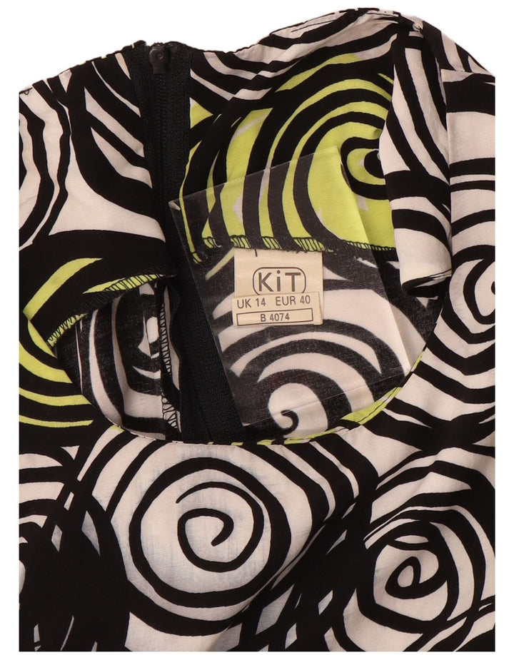 Vestido feminino VINTAGE sem mangas evasê UK 14 médio preto geométrico