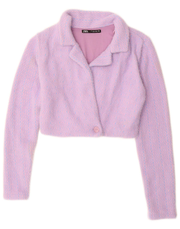 Zara Womens Crop Cardigan Sweater UK 10 Pequeno Roxo Geométrico