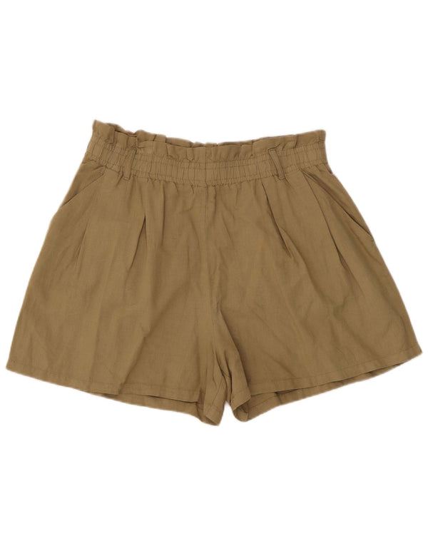 Zara Shorts feminino de cintura alta e ajuste relaxado, grande W32 linho cáqui