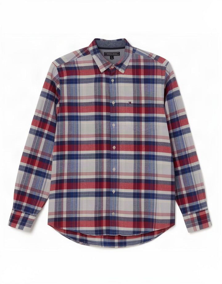 Camisa masculina Tommy Hilfiger de algodão xadrez azul médio