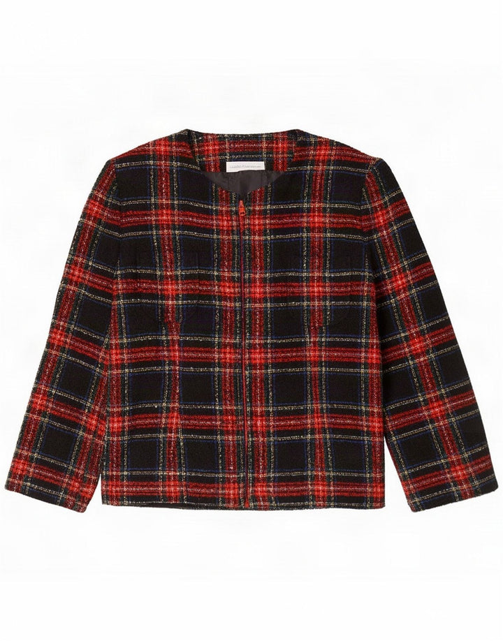 Jaqueta blazer feminina vintage com zíper completo Reino Unido 16 grande lã xadrez multicolorida