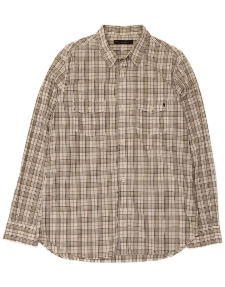 Camisa masculina French Connection grande algodão xadrez bege