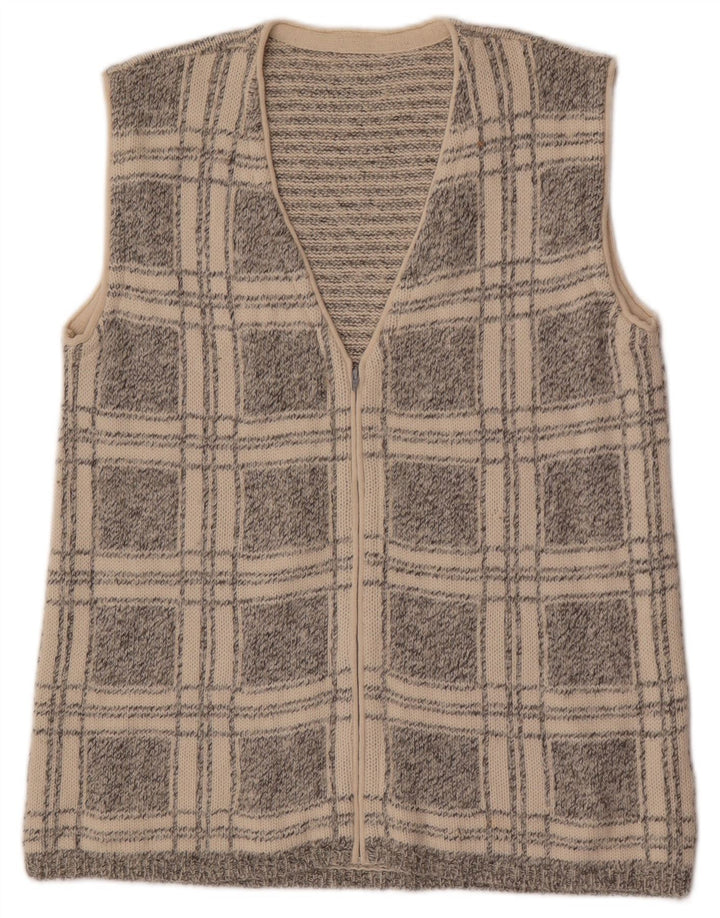 Suéter cardigã masculino vintage sem mangas pequeno xadrez cinza