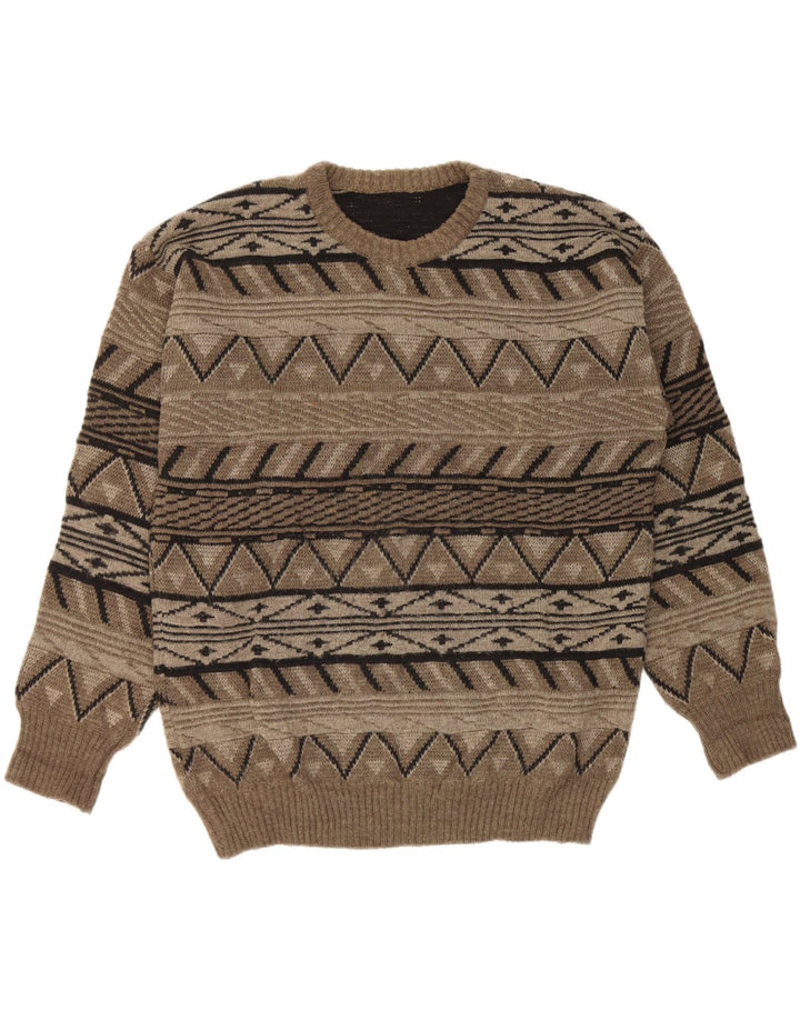 Suéter vintage masculino com gola redonda grande cáqui geométrico