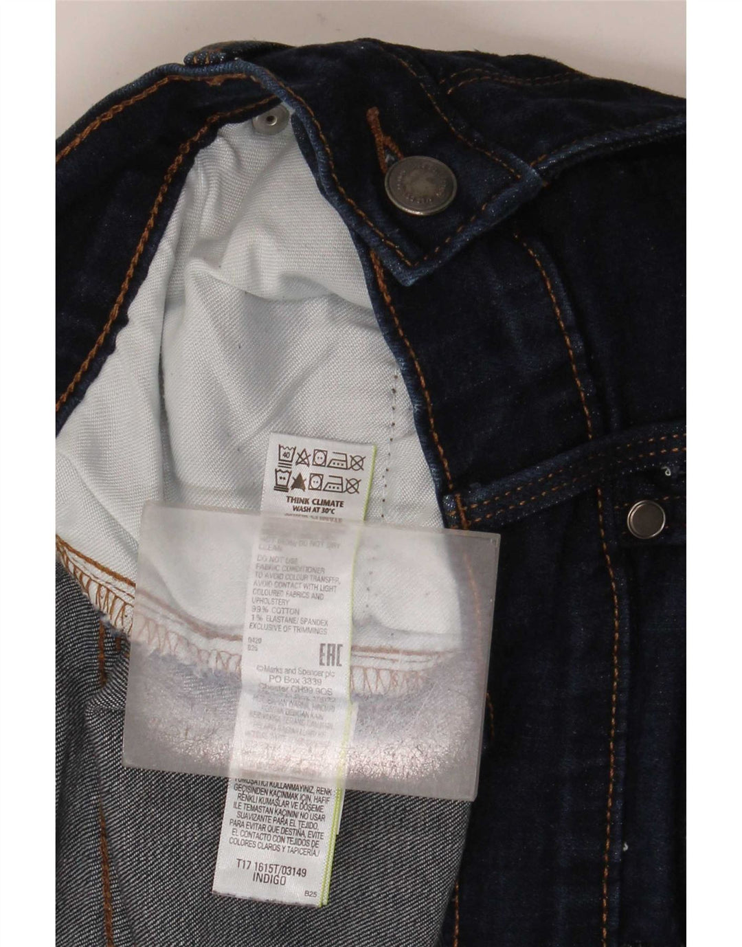 Jeans cônicos masculinos Marks & Spencer W34 L33 algodão azul marinho