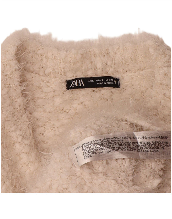 Zara Suéter feminino cropped com gola redonda Reino Unido 10 pequeno poliéster branco