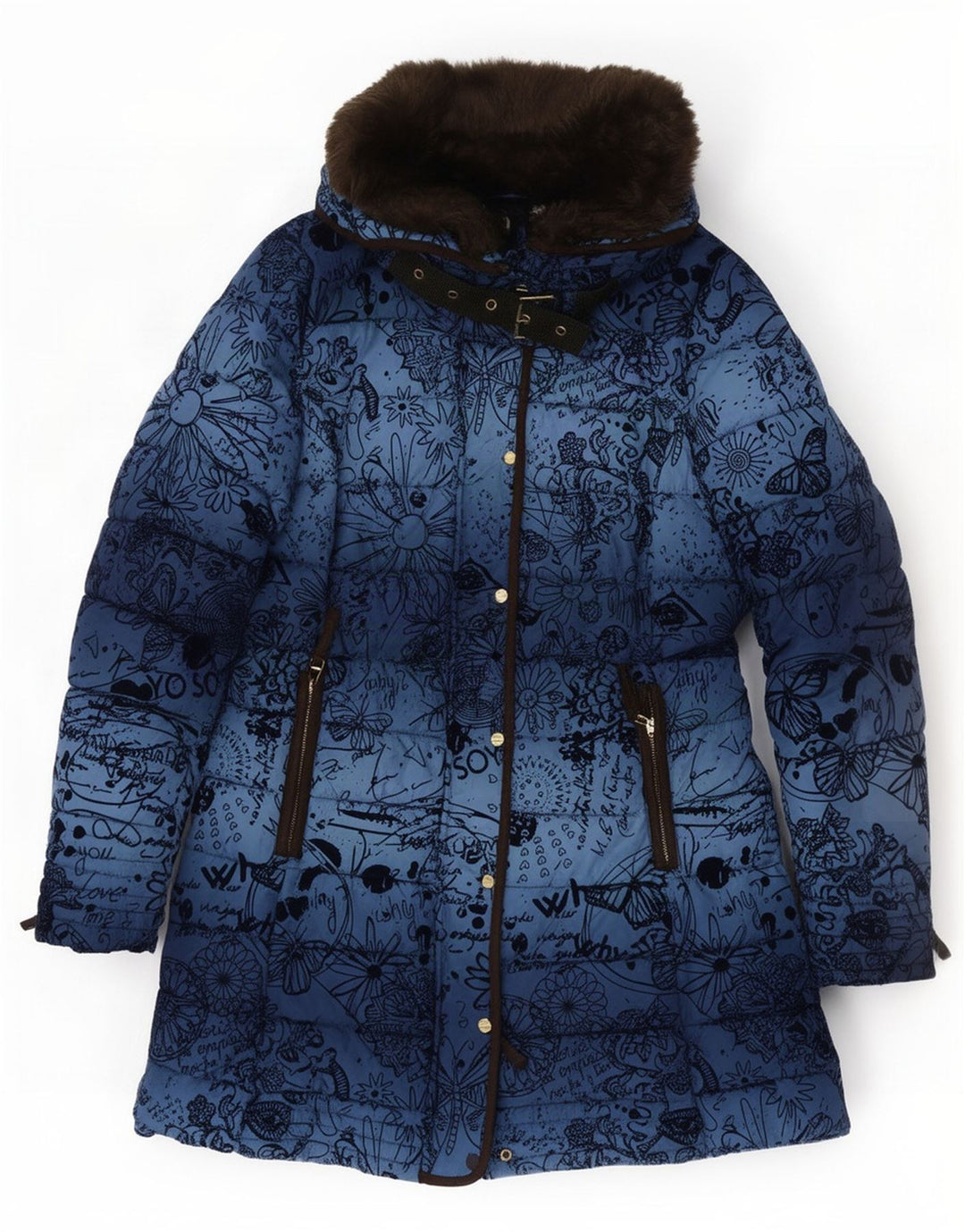 Casaco acolchoado com capuz feminino Desigual EU 40 poliéster floral azul médio