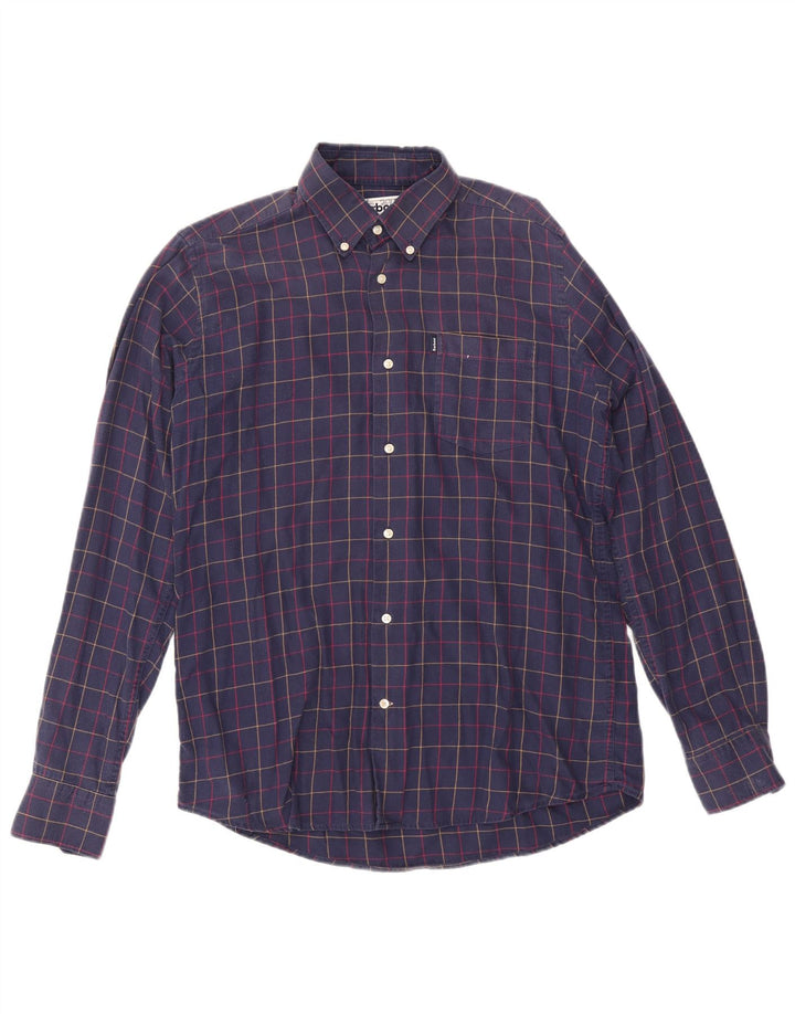 Camisa masculina Barbour de flanela sob medida, algodão xadrez médio azul marinho