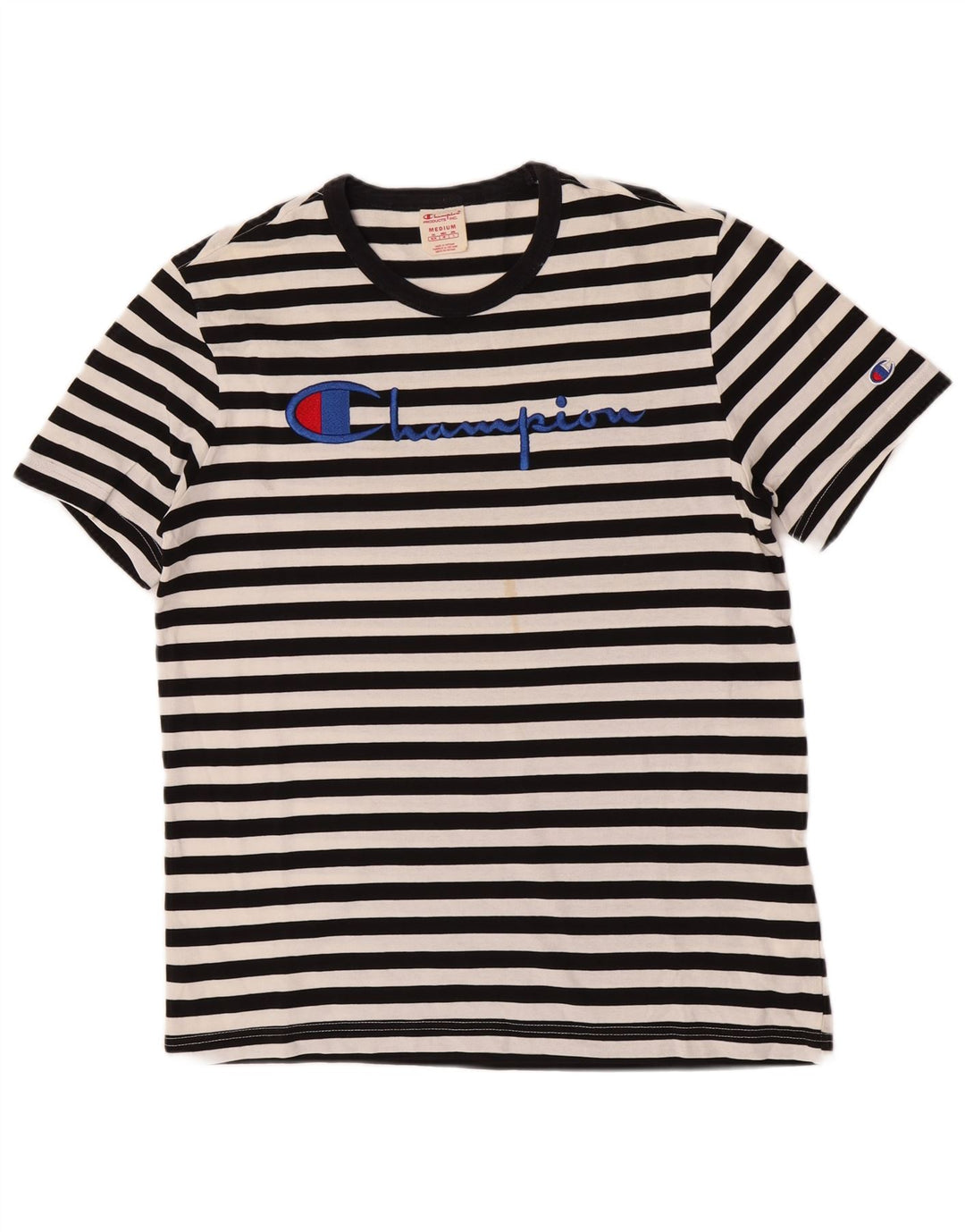 Camiseta gráfica masculina Champion, top médio de algodão listrado preto