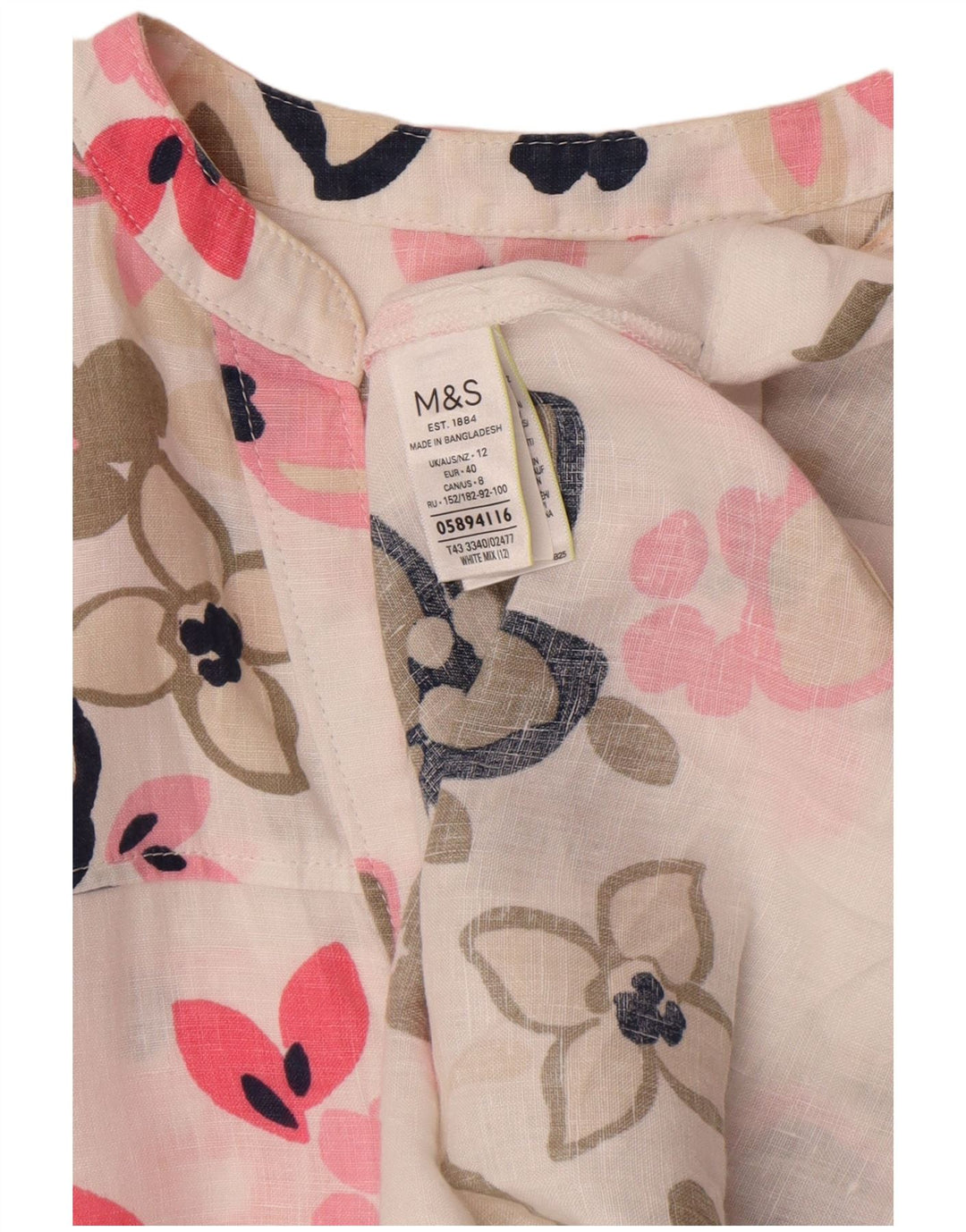 Blusa feminina oversized Marks & Spencer Reino Unido 12 linho floral branco médio