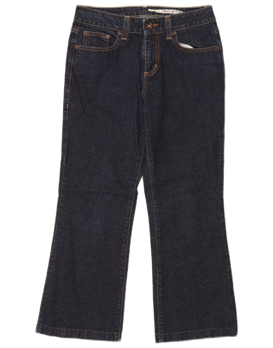 Jeans recortados femininos DKNY EUA 6 médio W28 L25 algodão azul marinho
