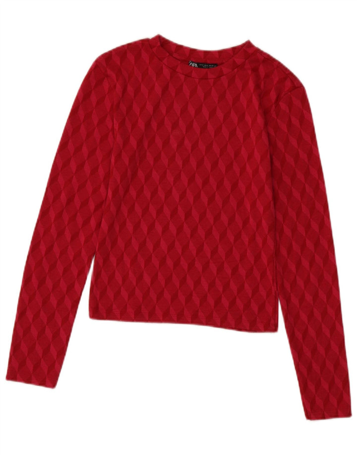 ZARA Top curto feminino manga comprida Reino Unido 8 pequeno rosa geométrico