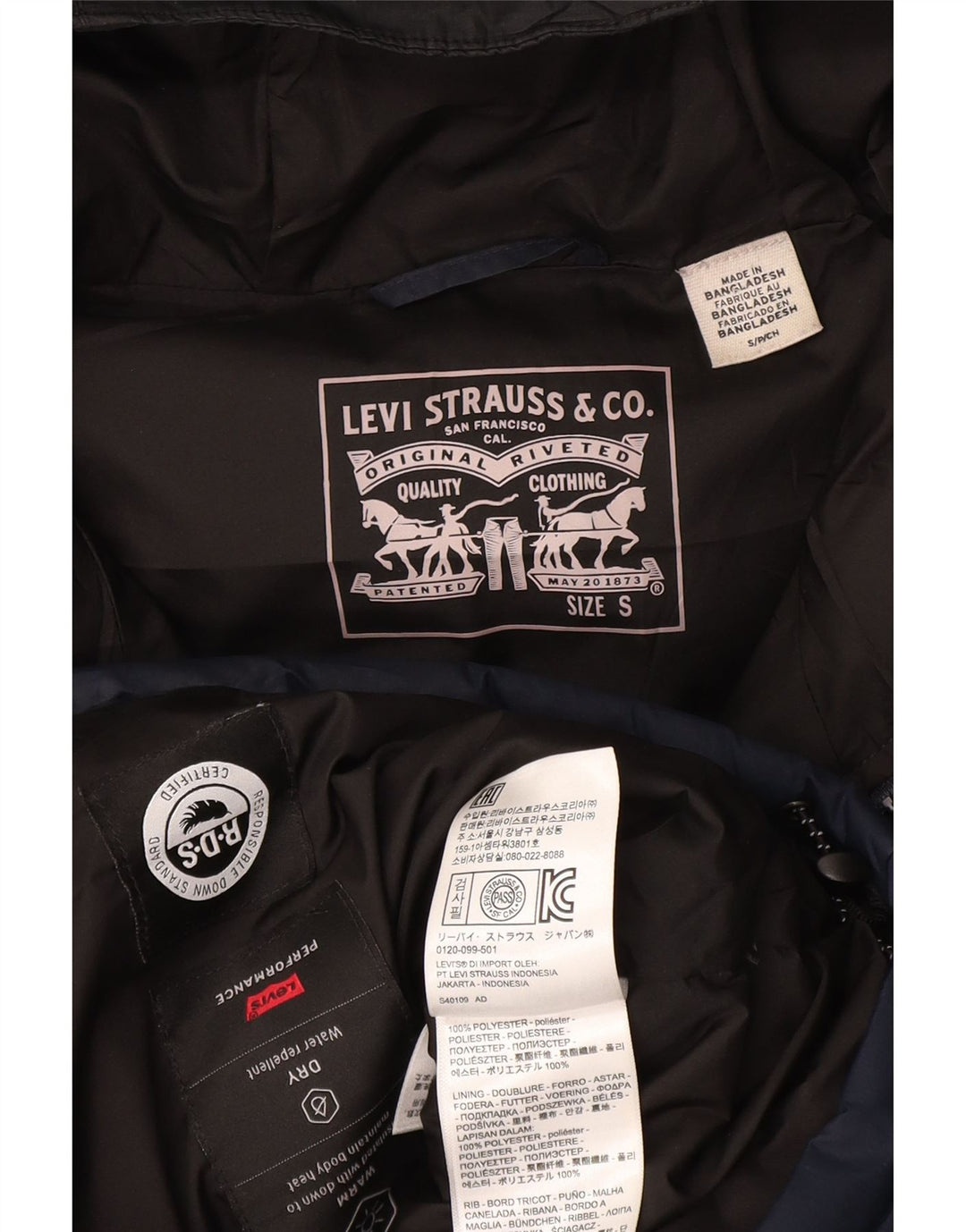 Jaqueta masculina acolchoada com capuz Levi's UK 36 poliéster azul marinho pequeno