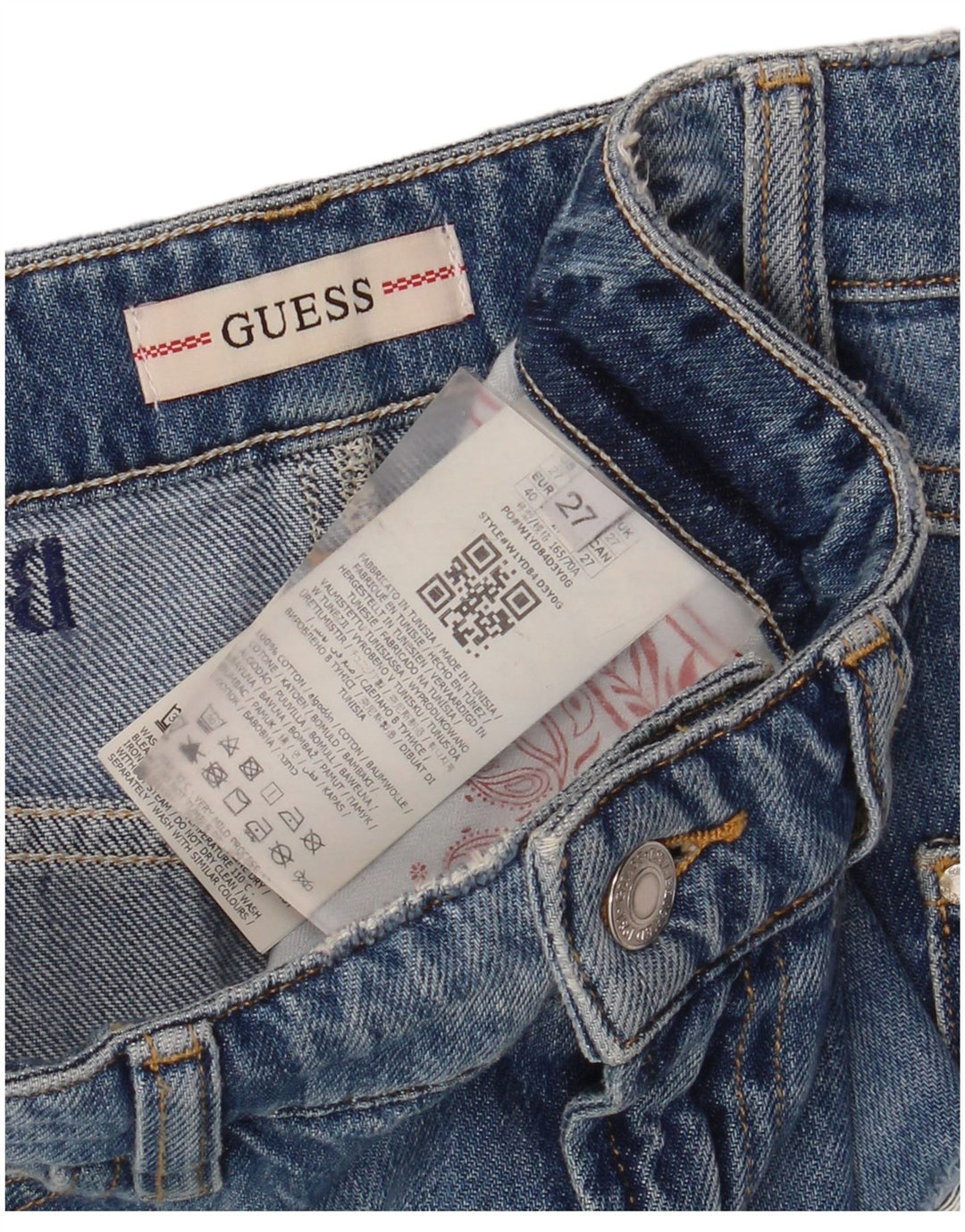 Saia jeans feminina Guess desgastada W27 algodão azul pequeno