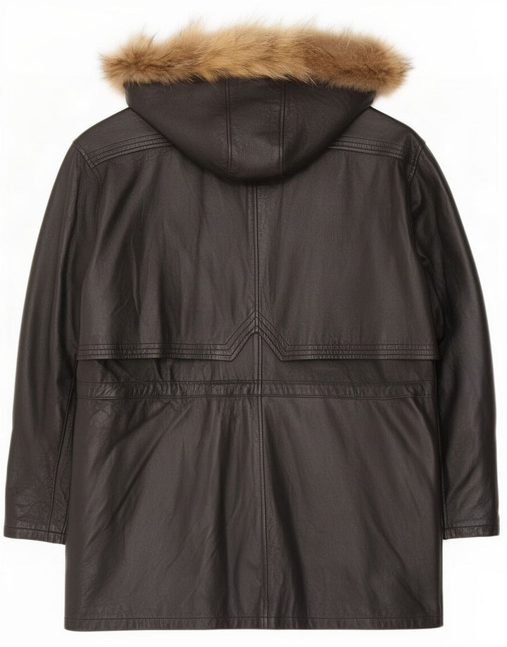 Casaco de couro com capuz feminino vintage IT 46 grande preto