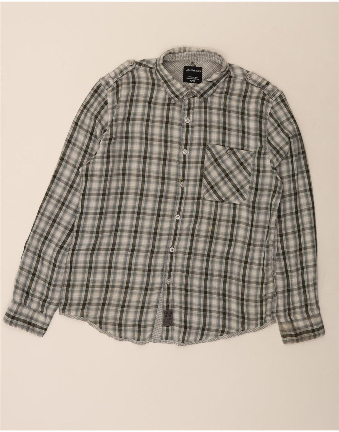 Camisa militar masculina Calvin Klein Jeans XL cinza xadrez algodão