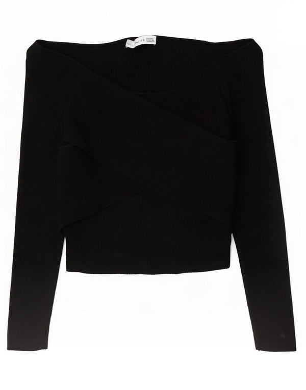 Top feminino Zara com ombro de fora, UK 10, pequeno, preto, viscose