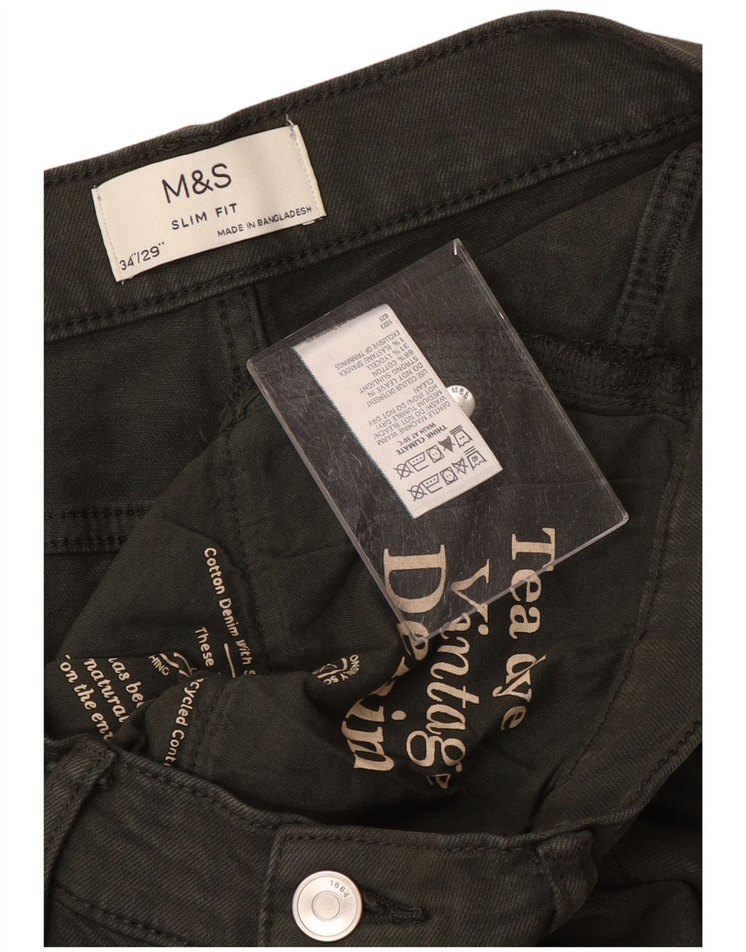 Marks & Spencer Mens Jeans Slim W34 L29 Algodão Cáqui