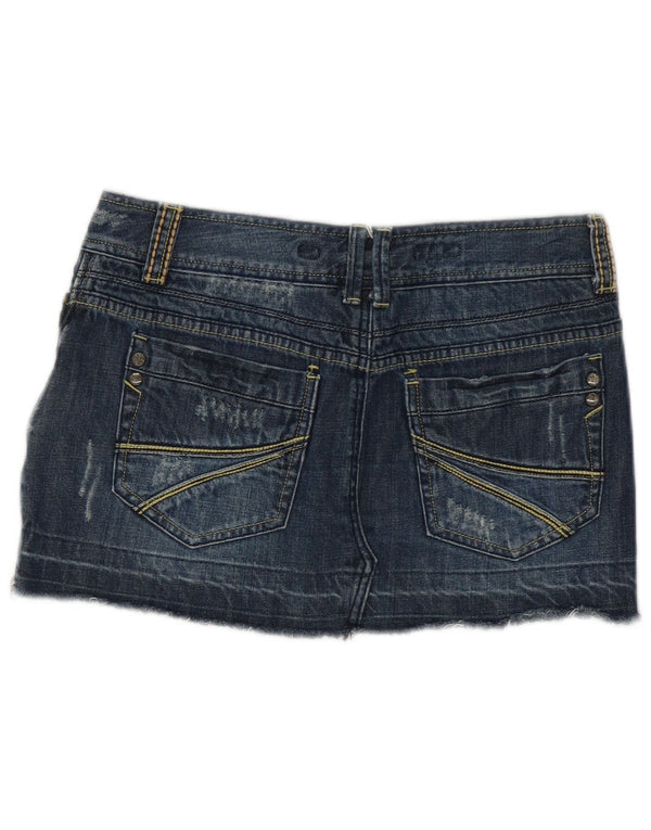 Mini saia jeans vintage feminina desgastada EUA 10 grande W32 algodão azul