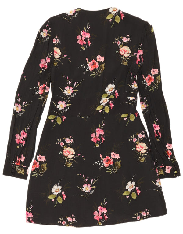 Vestido feminino Zara manga comprida evasê UK 10 pequeno preto floral