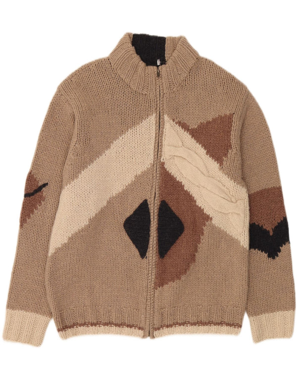 Suéter cardigã masculino com zíper completo Fatto a Mano grande lã colorblock bege