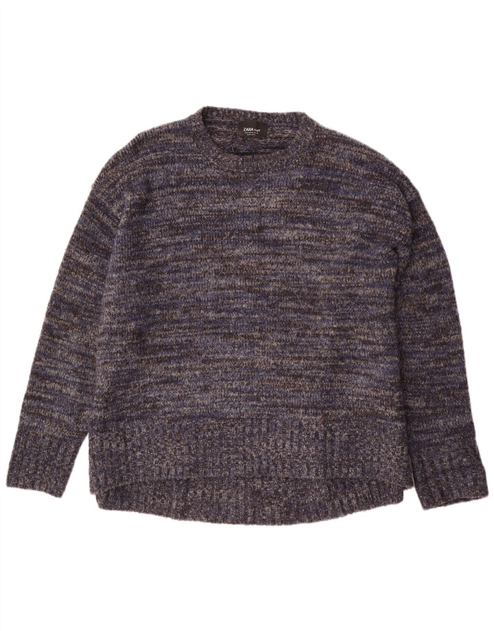 Suéter feminino Zara com gola redonda, Reino Unido 14, médio, azul marinho, manchado