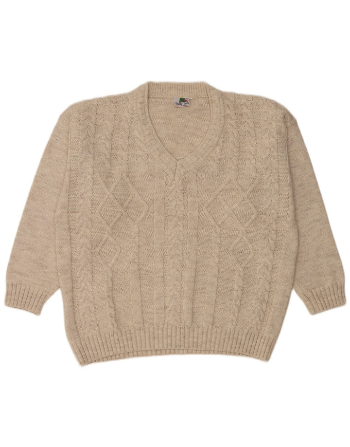 Suéter masculino vintage com decote em V XL lã bege
