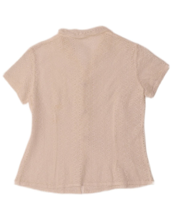 Blusa feminina vintage manga curta crochê camisa UK 10 pequena branca