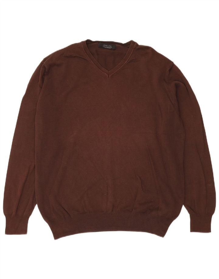 Zara Suéter masculino com decote em V XL algodão marrom