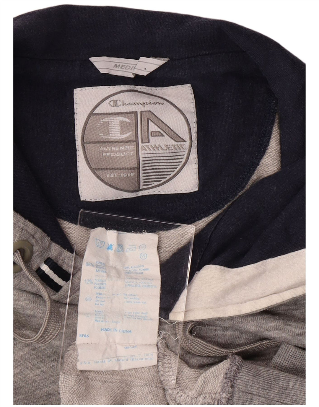 CHAMPION Suéter masculino com capuz gráfico cinza médio algodão colorblock