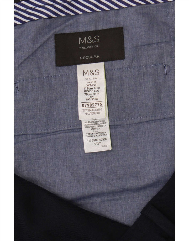 Calça masculina de ajuste regular Marks & Spencer W46 L31 azul marinho poliéster