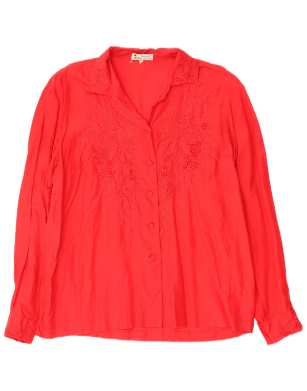 Camisa feminina vintage de manga comprida com ajuste regular Reino Unido 16 grande seda floral vermelha
