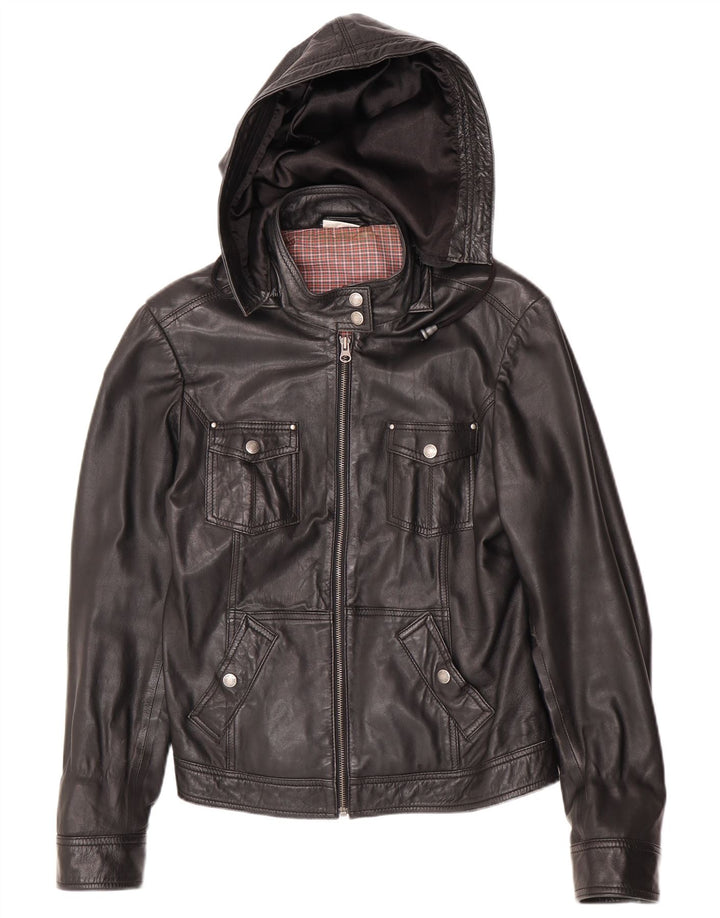 Jaqueta de couro com capuz feminina Street One UK 14 couro preto médio