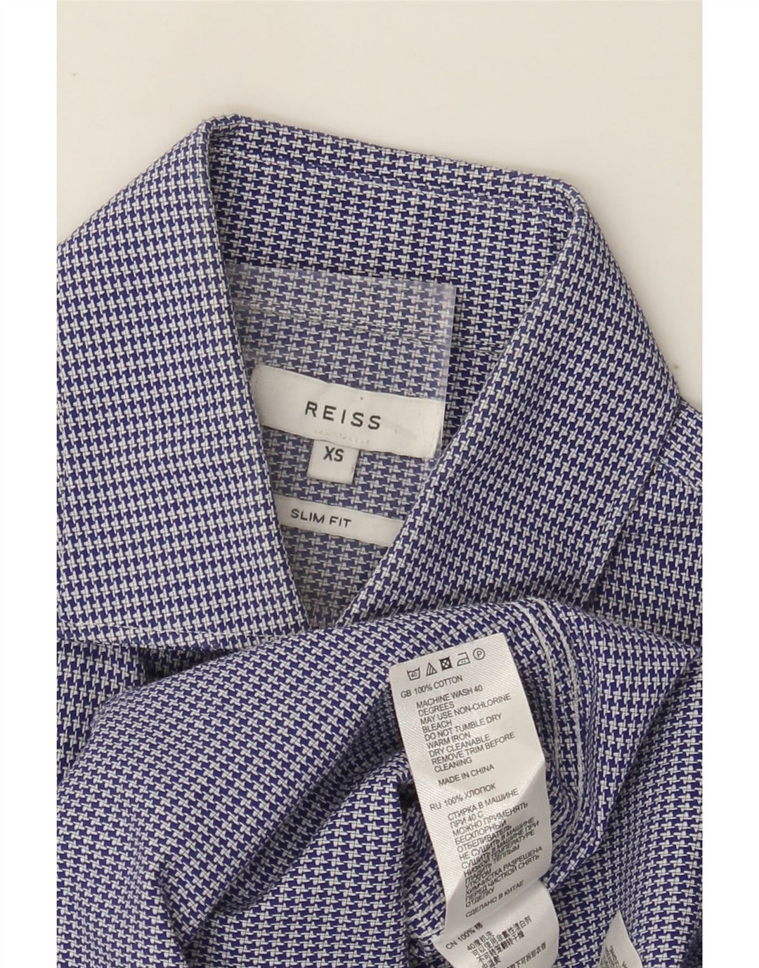 Camisa masculina Reiss Slim Fit XS azul houndstooth algodão