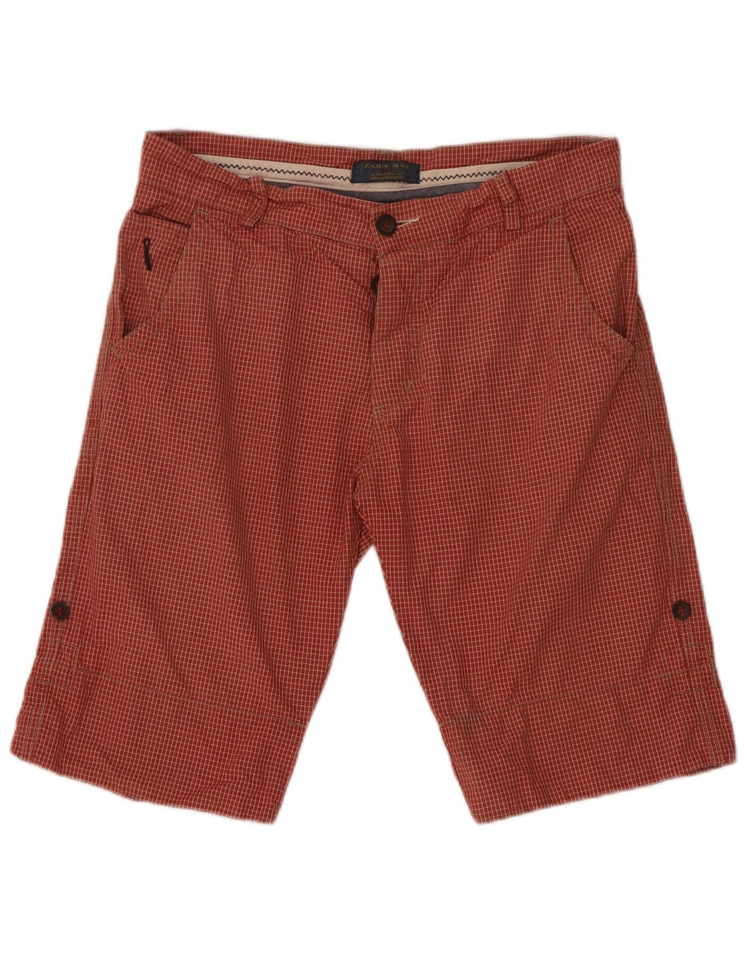Zara Mens Chino Shorts EU 42 Grande W32 Algodão Xadrez Vermelho