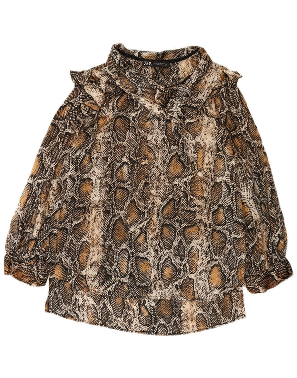 Blusa feminina Zara manga comprida oversized UK 6 XS marrom estampa animal
