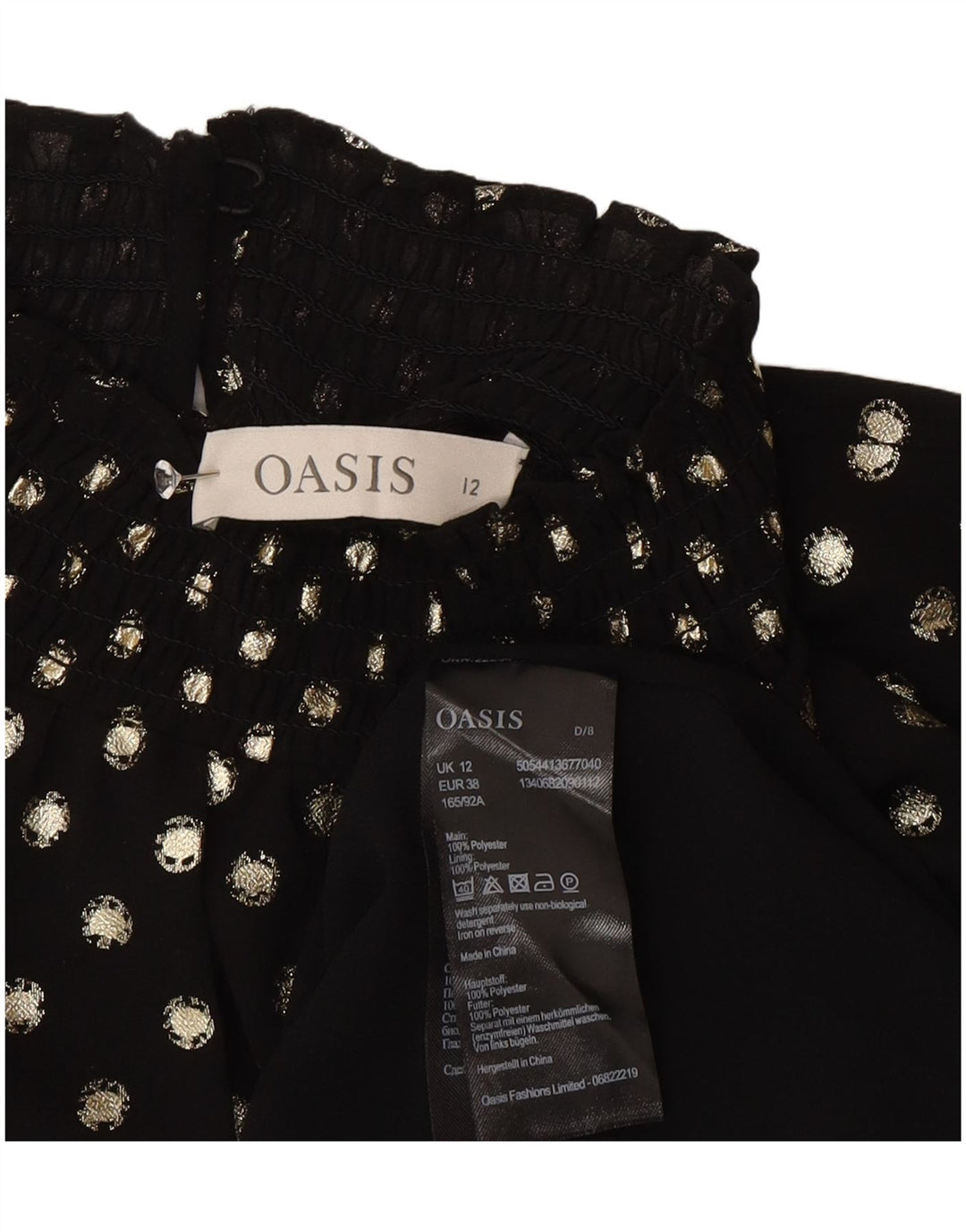 Blusa feminina de manga comprida Oasis UK 12 poliéster manchado preto médio